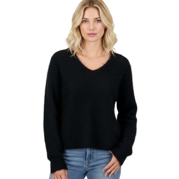 H&M Womens Jumper V Neck Sweater Shaggy Wool Mohair Long Sleeve Black Size Small - Picture 1 of 14